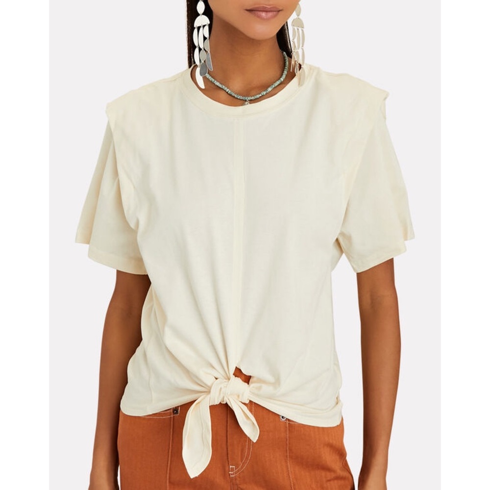 ISABEL MARANT Zelikia Tie Front Cotton T-Shirt in Ecru Size Small